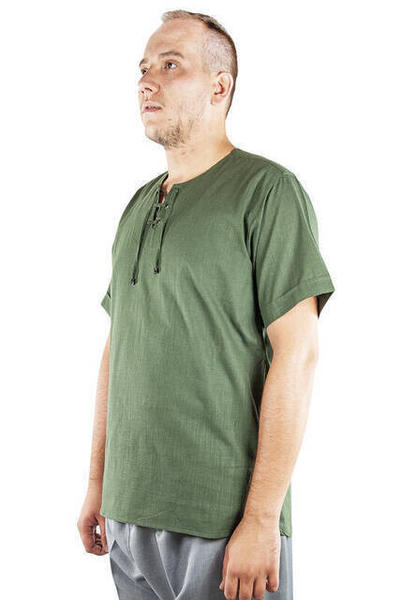 Relaxed Fit Kurzarm Leinenhemd mit Rundhalsausschnitt - Khaki