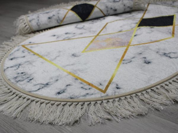 Oval Saçaklı 2'li Banyo Paspas Takımı Square Krem