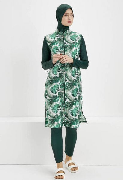 Haşema Tropikal-4106 Yeşil Tropikal Desenli Tam Kapalı Tesettür Mayo H-2502-20