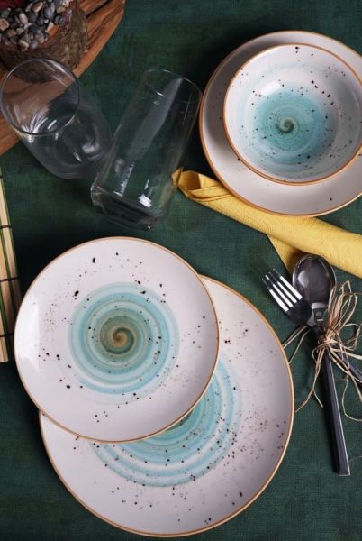 Asaf 24 Parça Porselen Yemek Takımı Galaxy Mavi Turkuaz Kahve