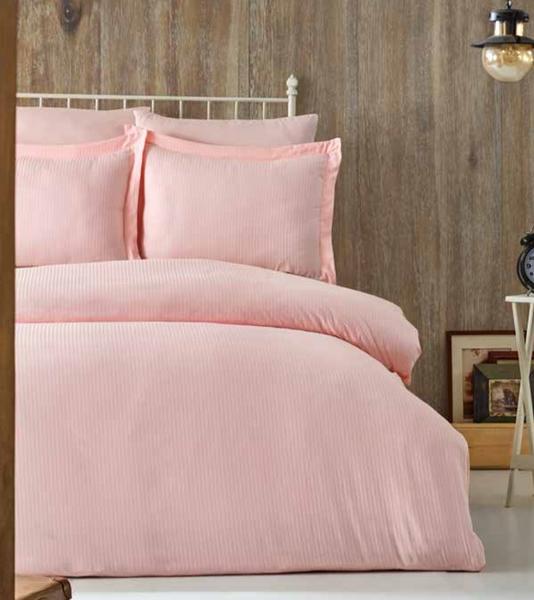 Soley Çift Kişilik Çizgili Saten Nevresim Takımı Elegante Pudra
