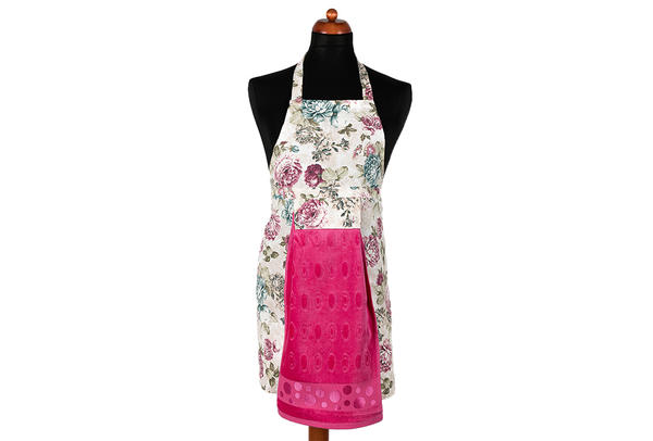 Dekonaz Çiçek Desenli Mutfak Önlüğü | Fuşya Havlu ve El Bezi Hediyeli | 73cm x 59cm