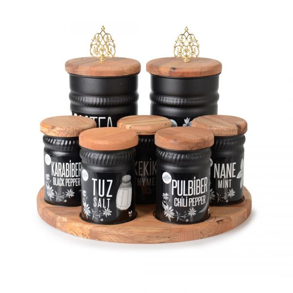 805S SUPPORT ROND EN BOIS NOIR PORTE-ÉPICES EN MÉTAL 7 PIÈCES | SILK-YLD002