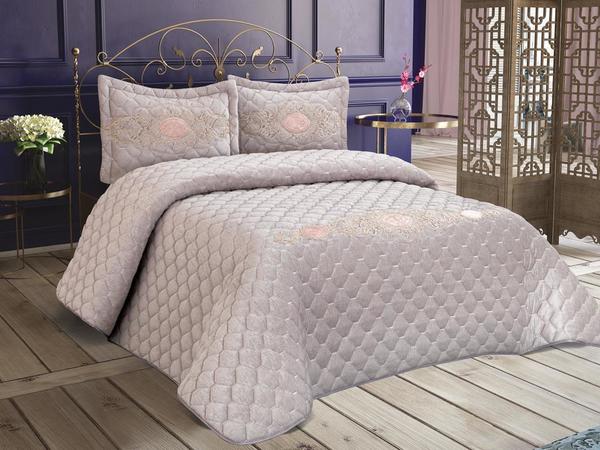 California Kadife Dolgulu Çift Kişilik Yatak Örtüsü Gri