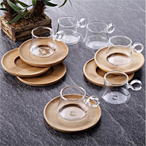 Tohana Bambu Tabaklı Borosilikat Cam 6'lı Kahve Seti
