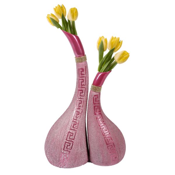 Burcu 2er Modern Stein Verzierte Dekorativ Vase | Pink