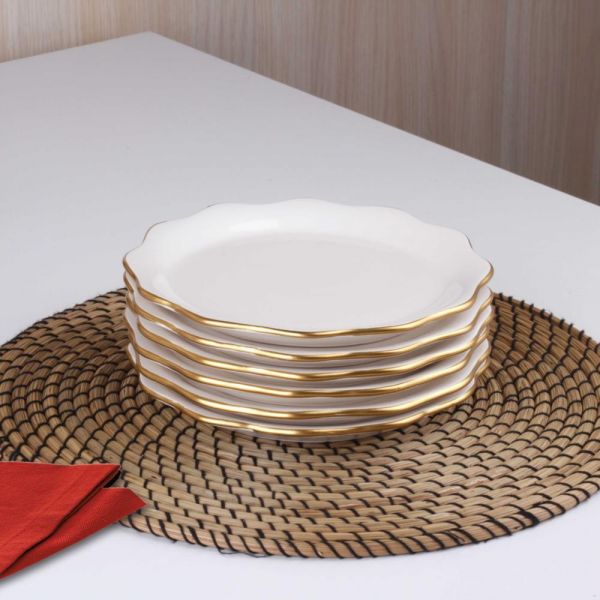 Asaf Seramik Assiette à Pâtisserie Or Blanc 6 Pièces