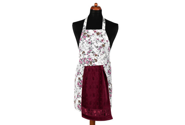 Dekonaz Çiçek Desenli Mutfak Önlüğü | Bordo Havlu ve El Bezi Hediyeli | 73cm x 59cm
