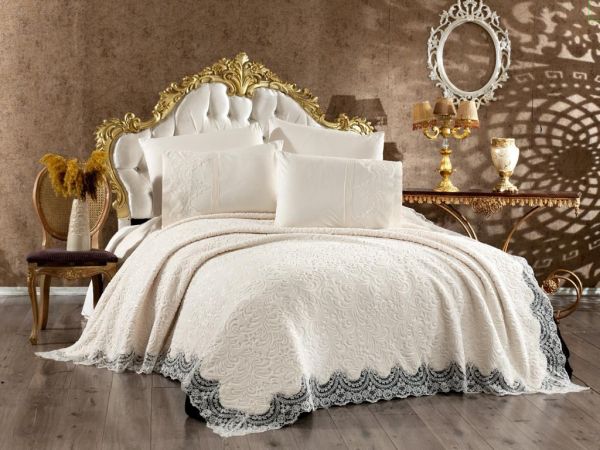 Çeyiz Diyarı Fransız Güpürlü Hümay Battaniye Takımı Krem