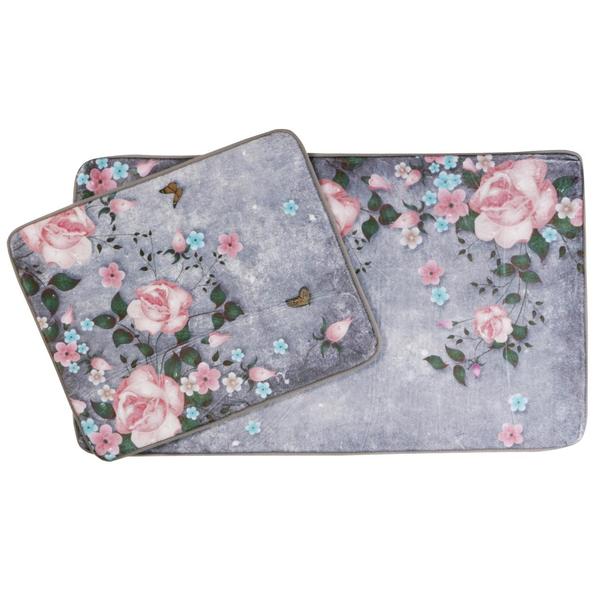 Almina Vintage Banyo Seti 2 Parça Gri Çiçek Desenli