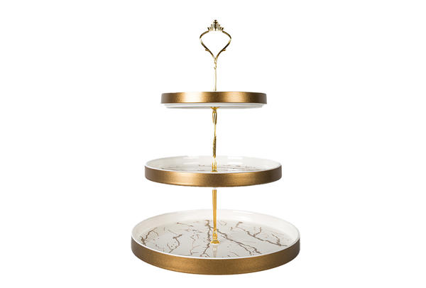 Dekonaz | 3 Katlı Mermer Desenli Etajer Servis Tabağı | Beyaz & Altın