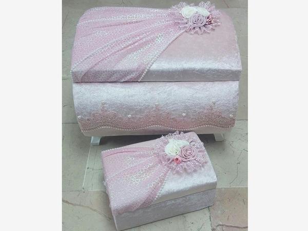 Tüllü Güllü İncili 2'li Çeyiz Sandığı Pudra