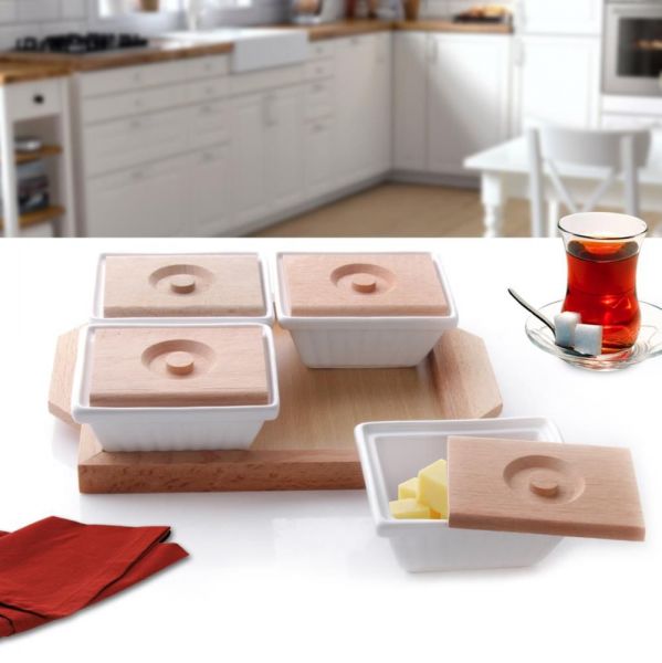 Alper Home Ahşap Kapaklı 4'lü Seramik Kahvaltılık Sosluk