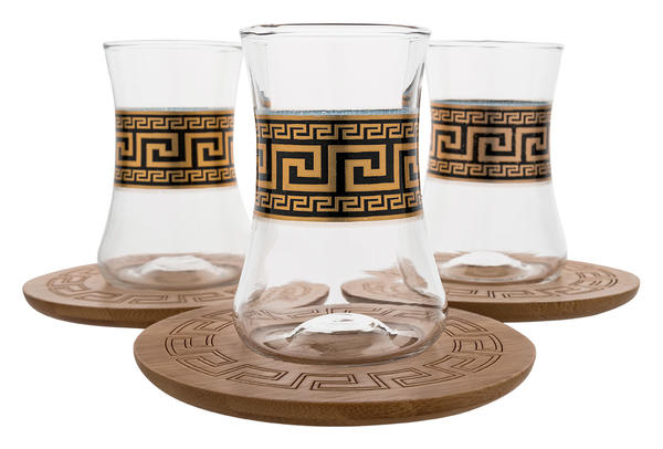 Dekonaz | 6'lı Çay Bardağı Seti | 12 Parça | Alaturka | Cam Bardak | Bambu Bardakaltı | Gp-0083