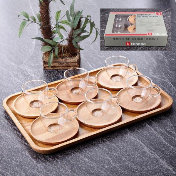 Tohana Glas-Kaffeetassen-Set mit Bambus-Tablett THN99012