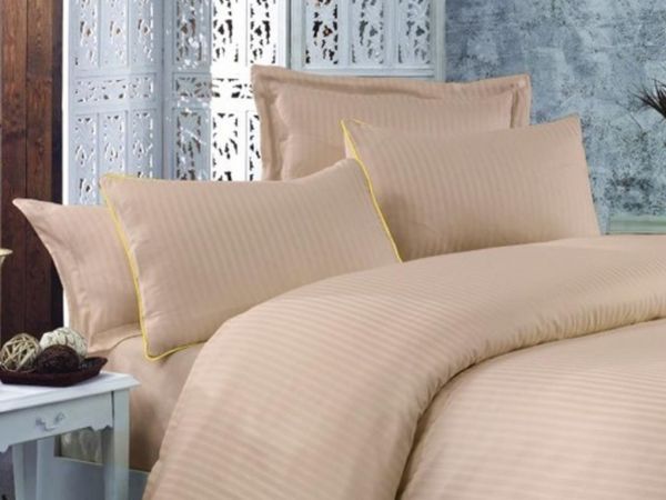 Striped Cotton Satin Duvet Cover Set Beige