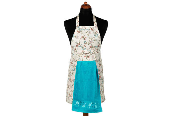 Dekonaz Çiçek Desenli Mutfak Önlüğü | Turkuaz Havlu ve El Bezi Hediyeli | 73cm x 59cm