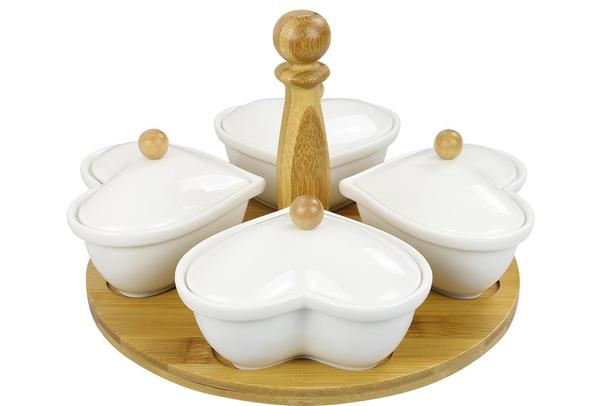 Duygu Bambu 4'lü Kapaklı Çerezlik | Kalp Form | Dg-6221