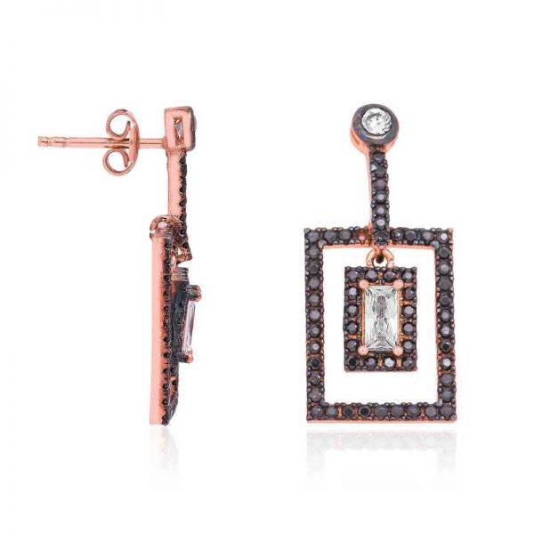 Gümüş Siyah Dikdörtgen Sallantılı Küpe