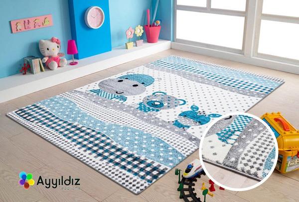 Ayyıldız Kids Hayvan Desenli Çocuk Halısı 100% PP Frise 11mm 2500 gr | Gri - Mavi | 530Grey