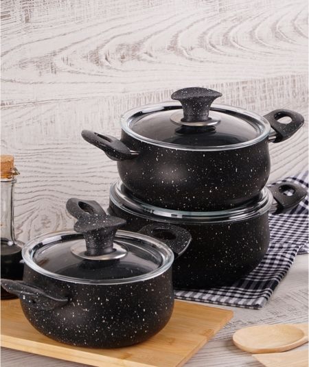 مطبخ اكار | طقم كسرولة جرانيت 6 قطع باللون الأسود من دورا
