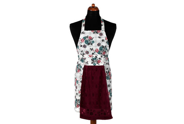 Dekonaz Çiçek Desenli Mutfak Önlüğü | Bordo Havlu ve El Bezi Hediyeli | 73cm x 59cm