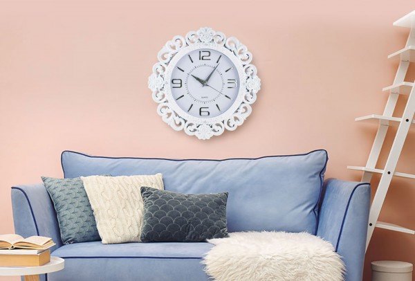 Almina Büyük Boy Gül Motifli | Yuvarlak Duvar Saati | Beyaz | 50x50 cm | Al-2140-w