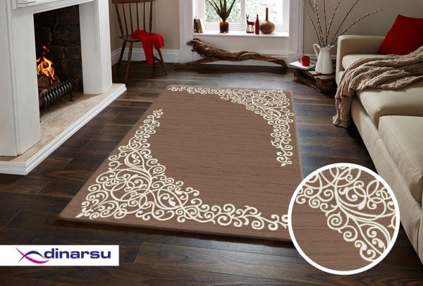 Dinarsu New Florida Lurex Çiçek Tasarımlı Halı | Kahverengi | 1407-70-Beige