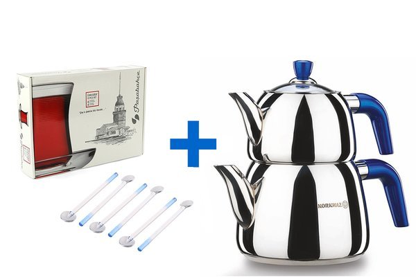 Korkmaz Marina Çaydanlık & 6'lı Cam Kaşık Seti & Üsküdar Çay Bardak Seti Hediyeli !