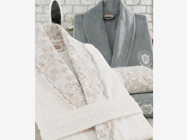 Mina Güpürlü Bambu Bornoz Takımı Krem Yeşil | Dantela