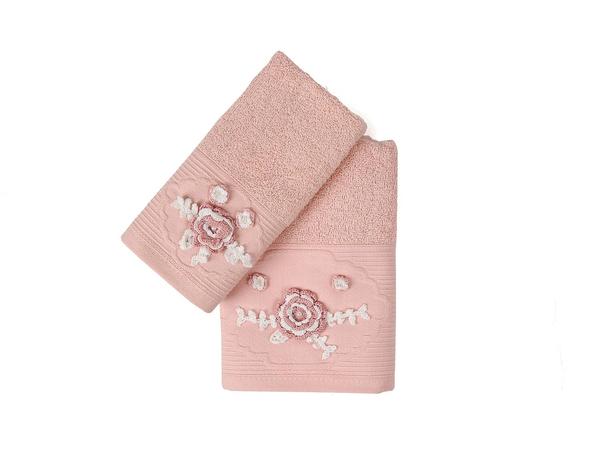 Mine Jakarlı El İşi Nakışlı Havlu Seti 2 Parça Gül Kurusu