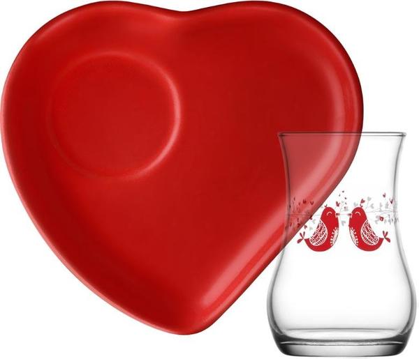 Lav Serenat Kuş Desenli 4 Parça Çay Seti | Kırmızı | Serenat-0001