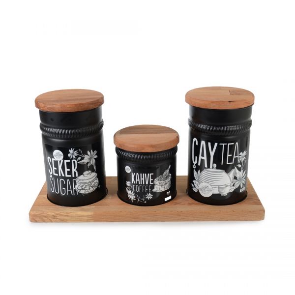 802S BLACK WOODEN FLAT STAND TRIPLE CAY ZUCKER KAFFEESATZ | IPEK-YLD005