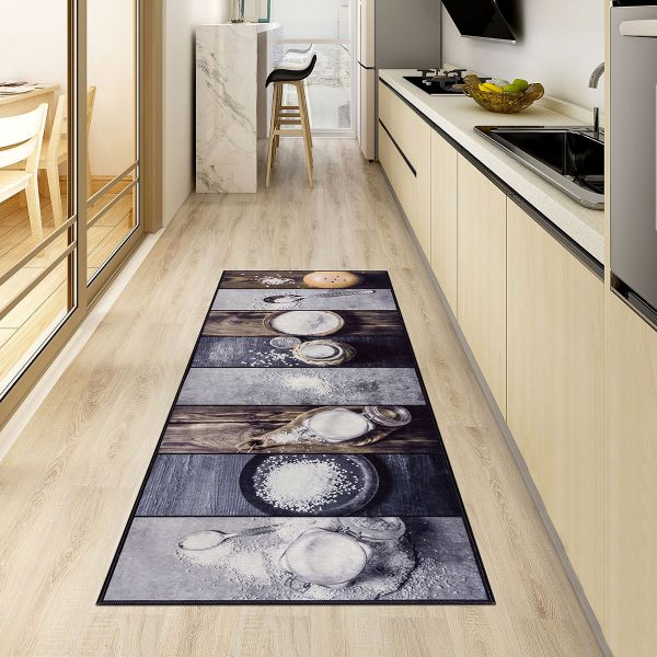 SiEla Kaymaz Taban Mutfak Halısı | Runner Halı | Tuzluk Desenli | 1817-gri