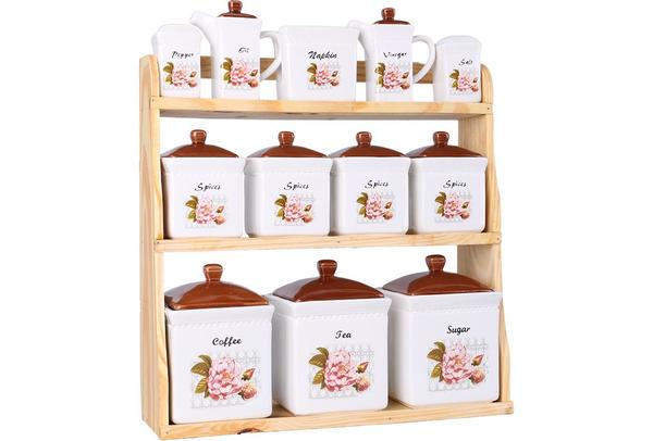 Bavary Baharatlık Seti | Ahşap Standlı | Çiçek Desenli | Kahverengi | Mtf-0047