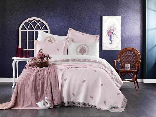 Fransız Güpürlü Nakışlı Alya Battaniyeli Gelin Seti Krem Pudra