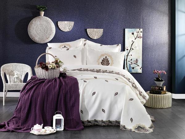 Fransız Güpürlü Nakışlı Alya Battaniyeli Gelin Seti Krem Mürdüm