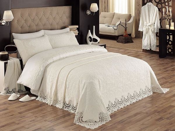 Esma Havlu Pike Takımı - 6 Parça Krem | Sarmaşık