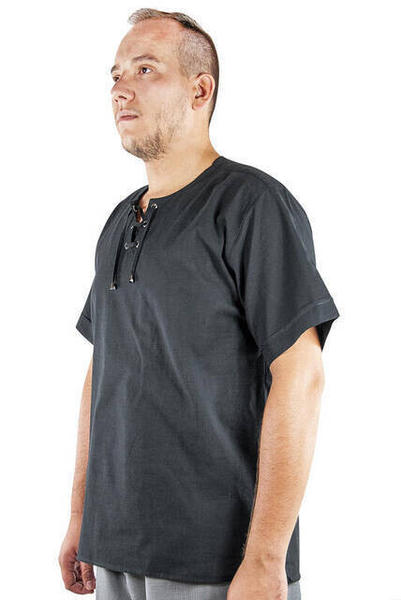 Relaxed Fit Kurzarm Leinenhemd mit Rundhalsausschnitt - Schwarz