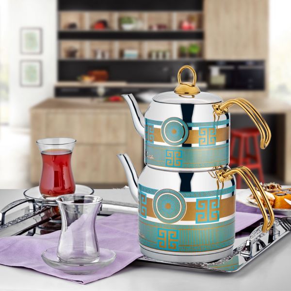 Oz Leben | Elif Dekorierte Türkis-Teekanne 850-1300 ml