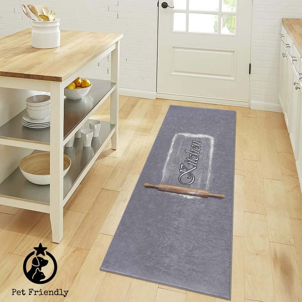 SiEla Kaymaz Taban Mutfak Halısı | Runner Halı | Kitchen Yazılı | 1824-Grau