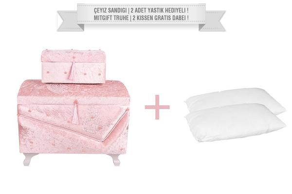 Dekonaz 2'li Dantel İnci Süslemeli Çeyiz Sandığı | 2 Adet Yastık Hediyeli !