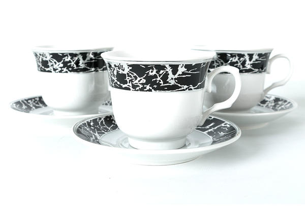 Bavary 12 Parça Fincan Seti | 6 Kişilik | Mermer Desenli | Siyah | Modern Tasarım