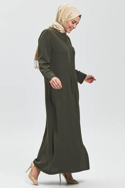 Derin Haki Renk Zigzag Taşlı Bayan Ferace 9070-20