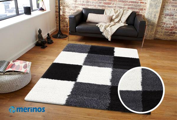 Merinos Shaggy Plus Halı Kare Desenli | Siyah | 910-Grey-Black