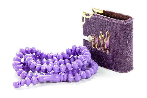 Mini Coran recouvert de velours avec boîte - Chapelet - Lila