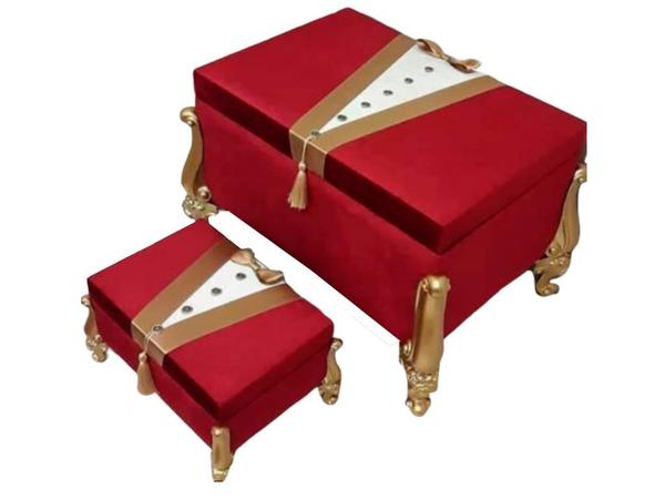Groom Figured Gold Banded 2 Piece Dowry Chest Claret Red