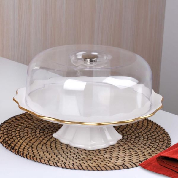 Asaf Seramik Beyaz- Gold Ayaklı Kek Fanusu