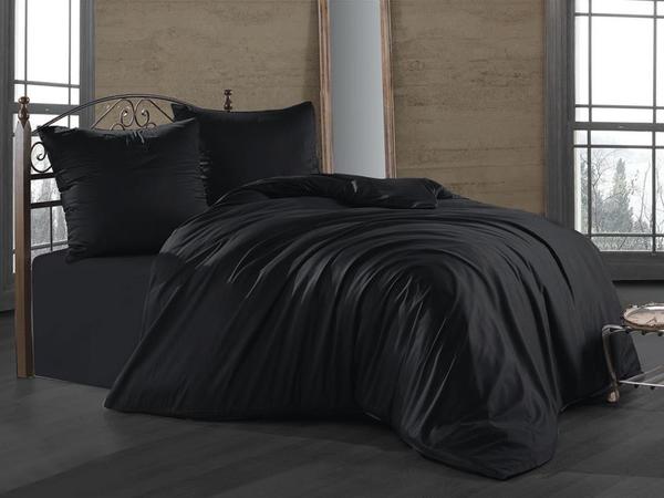 Ensemble de housse de couette double en satin de coton noir