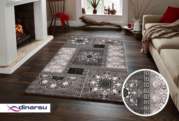 Dinarsu New Florida Lurex Mandala Kare Desen Halı | Gri | 1403-95-Grey